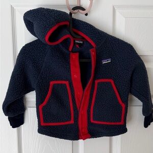 Patagonia Kids Navy and Red Retro Pile Hooded Fleece Jacket